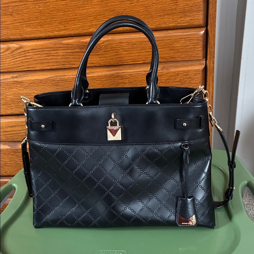 Michael Kors Black Quilted Chain Embossed Satchel | Gold Hardware